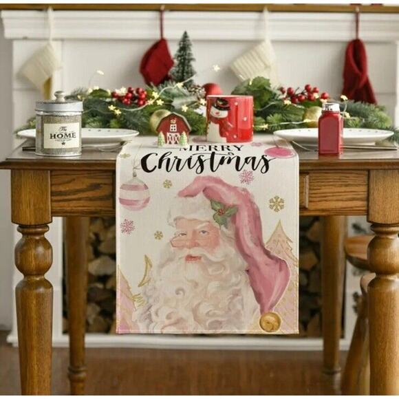 Soft‎ Pink Santa Christmas Table Runner 72"x13" Trees Merry Christmas - Picture 3 of 6